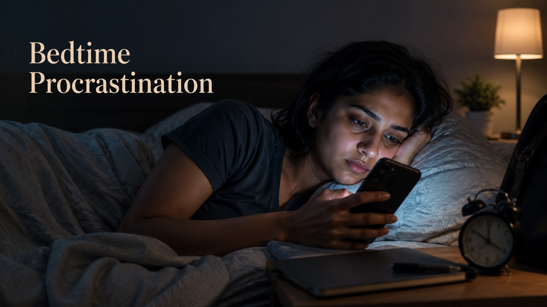 Tired young Indian adult delaying sleep while scrolling on a smartphone late at night.