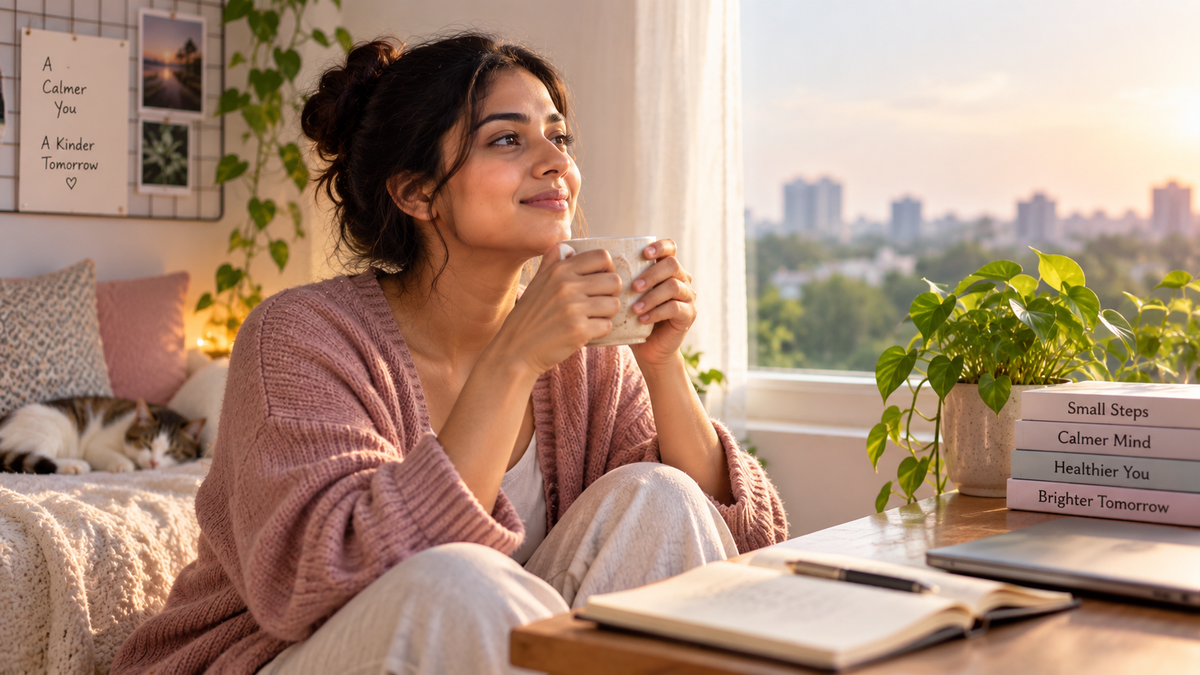 Calm young Indian professional enjoying a peaceful Sunday morning beside a window with a journal and warm drink, representing recovery from Sunday anxiety and healthier work-life boundaries.