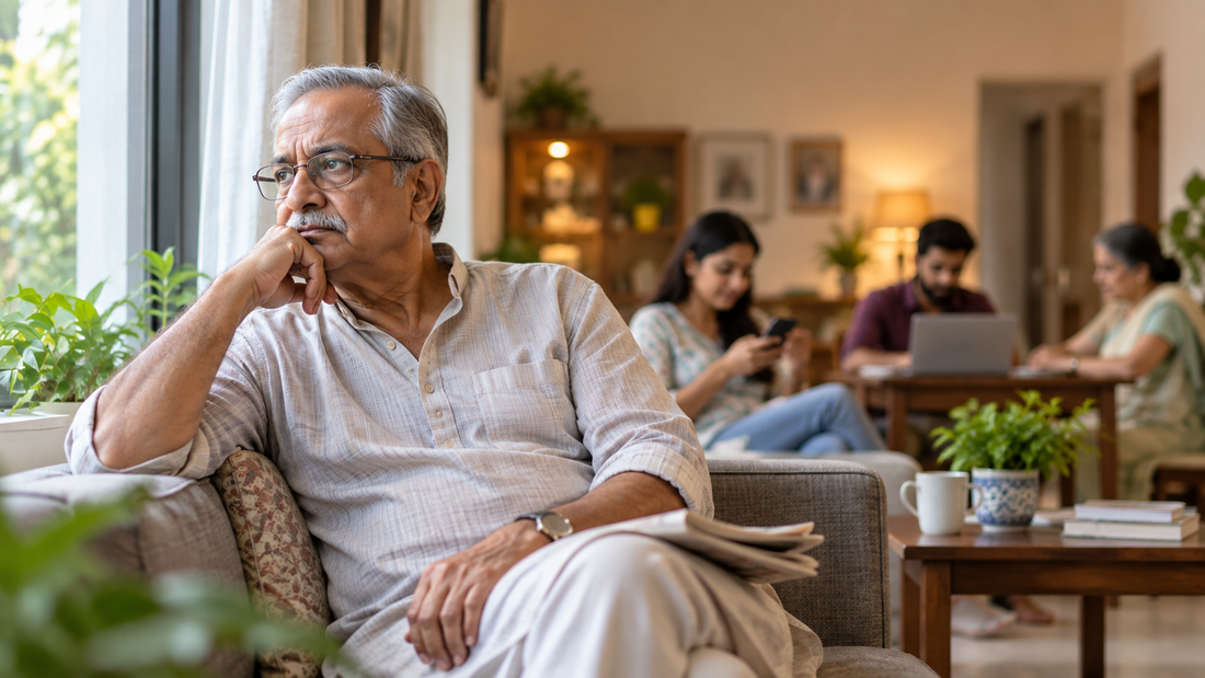 Older Indian man sitting thoughtfully by a window while family members are nearby, illustrating hidden loneliness, late-life depression and the importance of emotional connection in older adults.