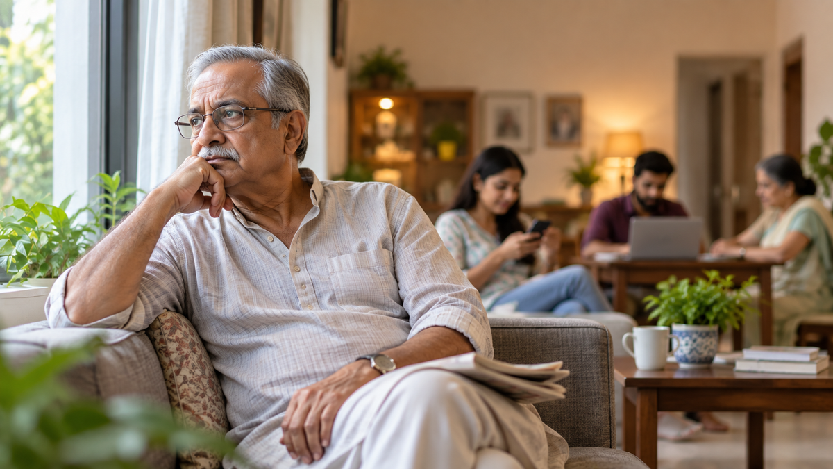 Older Indian man sitting thoughtfully by a window while family members are nearby, illustrating hidden loneliness, late-life depression and the importance of emotional connection in older adults.