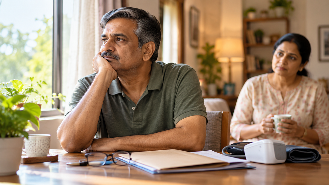 Middle-aged Indian man with chronic health problems sitting thoughtfully at home while his wife looks concerned, representing depression and emotional distress associated with chronic illness.